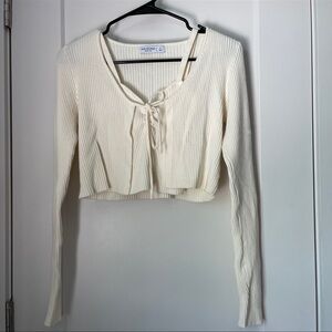 Arizona Jean Company Cream Ribbed Tie-Front Crop Top